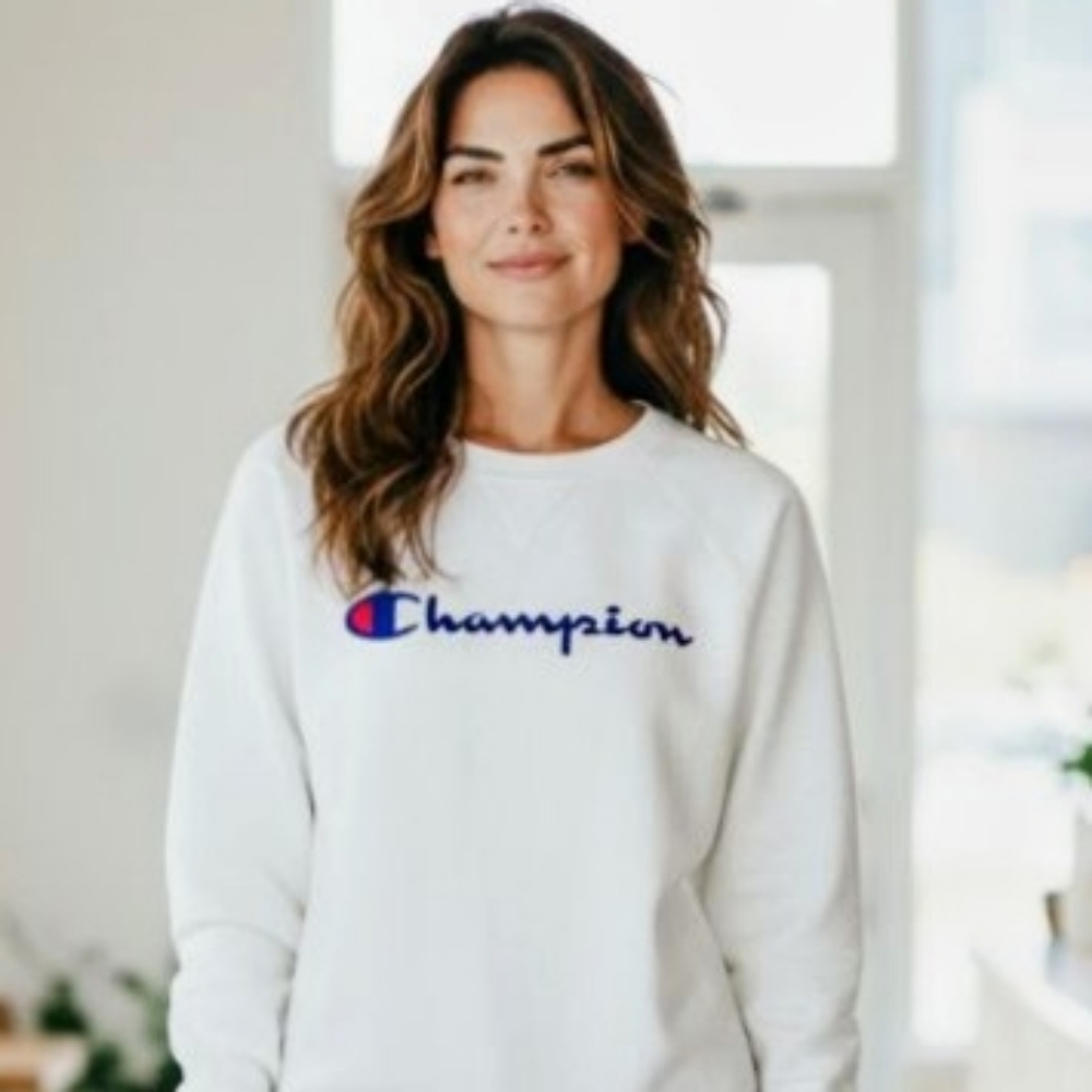 🔥Vintage‎ Champion Sweatshirt Size Large White Signature Logo Spell Out 🔥